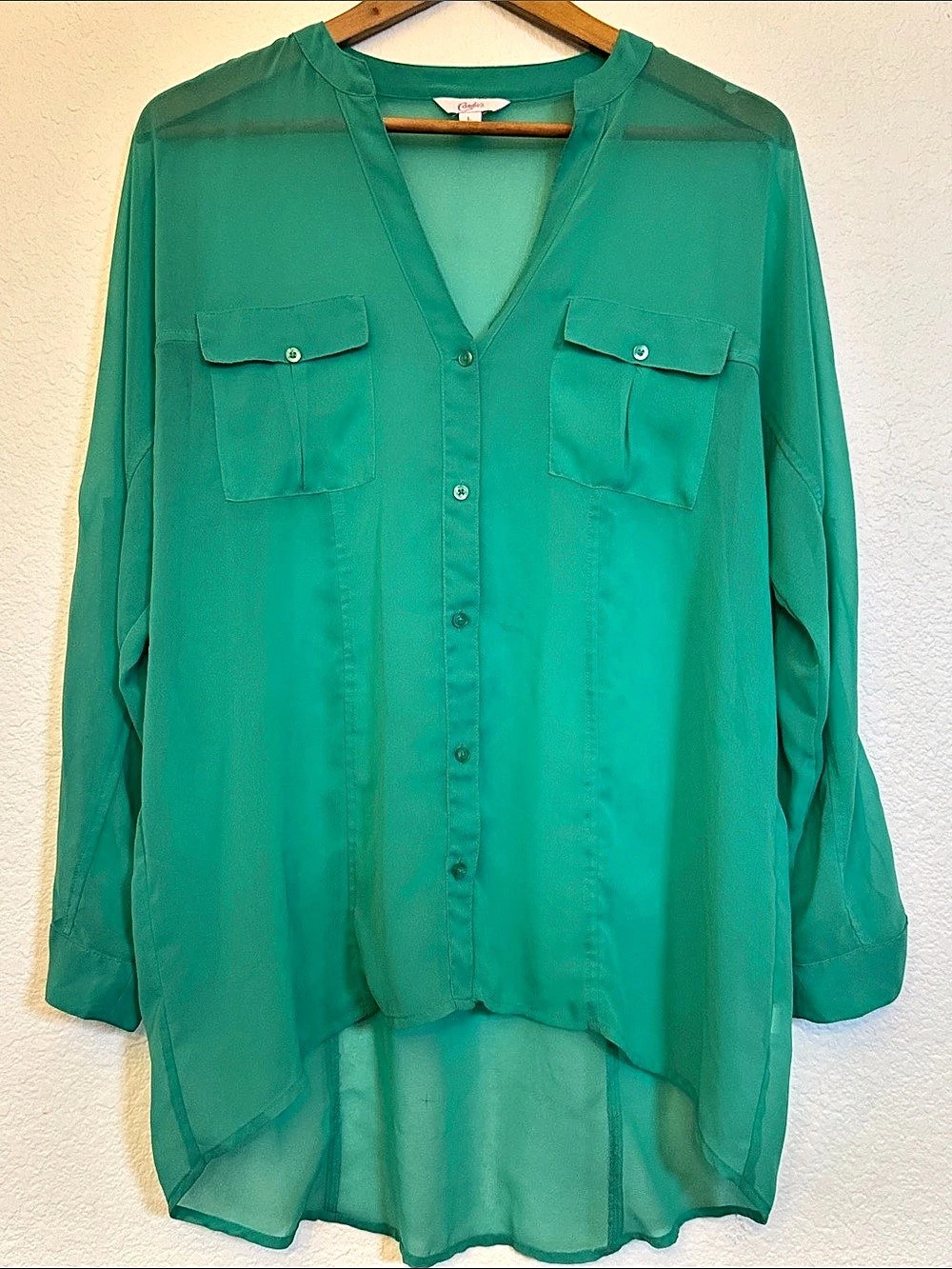 Catherines Green Sheer Button Front Blouse